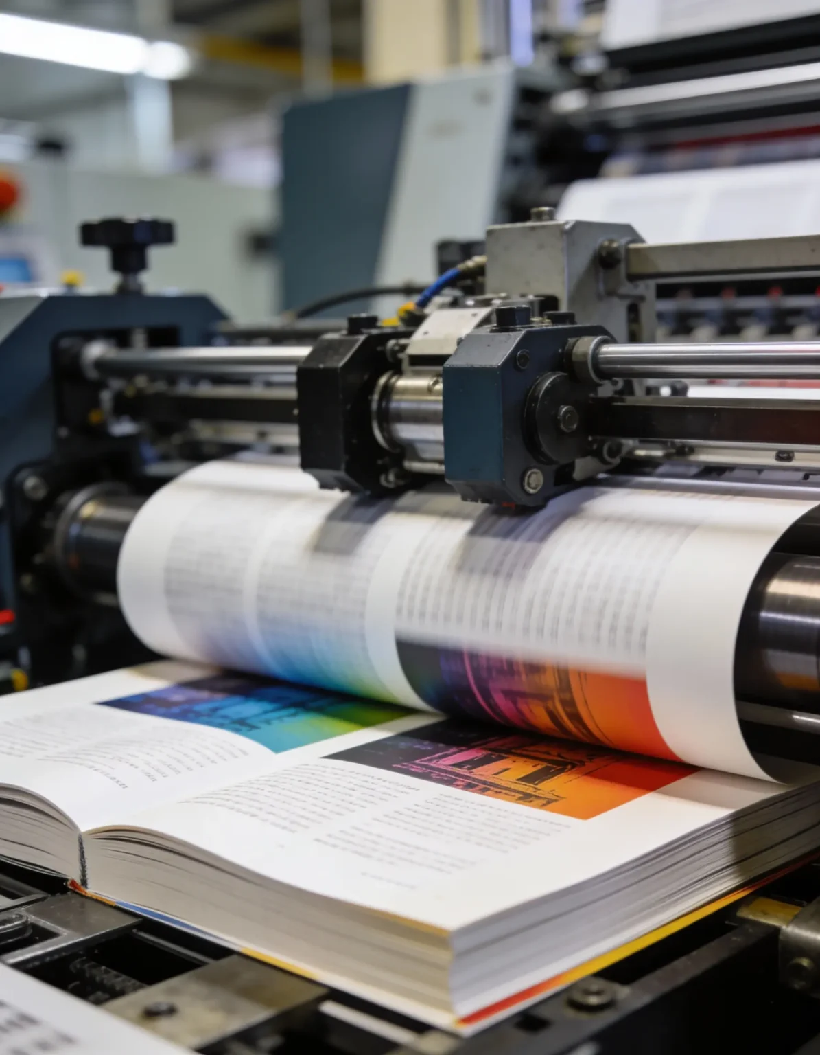 Printed publication moving through a modern production process with colour pages visible